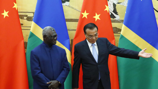 Thriving relationship. Solomon Islands Prime Minister Manasseh Sogavare and Chinese Premier Li Keqiang during a diplomatic visit to Beijing in 2019.