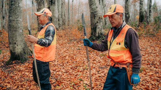 Traditional hunters Hideo Suzuki and Masaru Ito roam the forests of Akita with traditional hunting tools known as “nagasa”.
