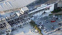 Aerial image showing the damaged AEON Mall after an earthquake in Kashima, Kumamoto prefecture, southern Japan.