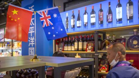 Australian wines on display at a Shanghai expo in November in 2020. Exports of wine stopped abruptly after that when Beijing introduced punitive sanctions.
