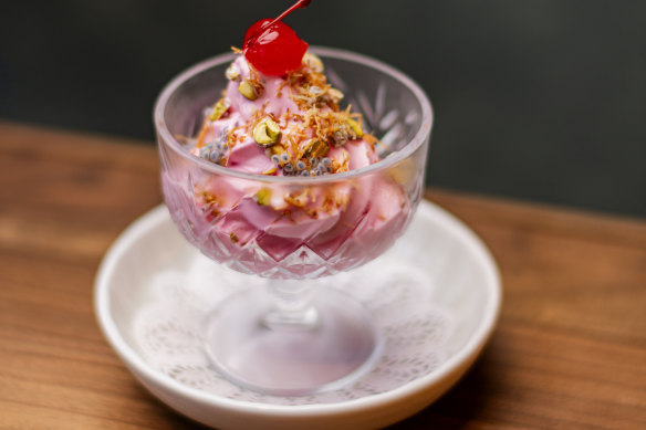 Faluda soft serve with rose syrup, crystallised pistachio and crispy vermicelli.