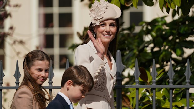 Princess Charlotte, Prince Louis and Catherine, Princess of Wales attend the 2026 Easter Matins Service at St George's Chapel on April 05, 2026 in Windsor, England. 