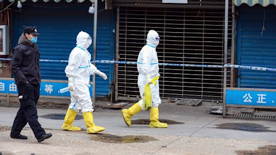 In January 2020, workers in protective gear carry a bag containing a giant salamander that was reported to have escaped from the Huanan Seafood Market in Wuhan.