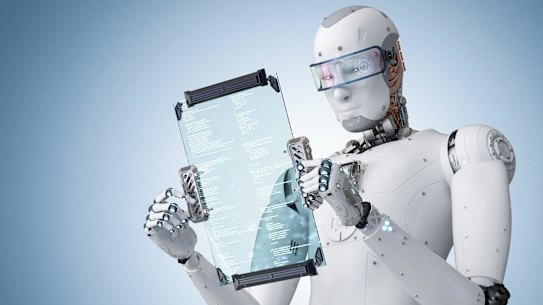 A robot studies some data