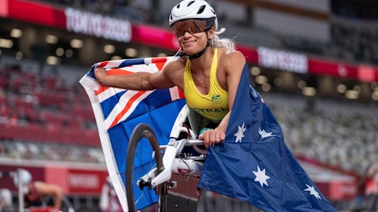 Madison de Rozario after winning her 800m race in Tokyo. 