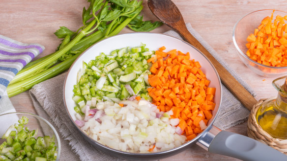 A classic mirepoix featuring celery, carrot and onion.