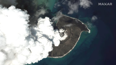A satellite image of the Hunga Tonga Hunga Ha’apai volcano in Tonga on Dec. 24, 2021.