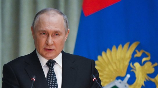 Russian President Vladimir Putin speaks during a meeting of the Prosecutor General’s Office Board in Moscow, Russia, Monday, April 25, 2022.