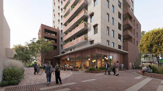 A new artist’s render of the replacement  red-brick Elgin Towers in Carlton.