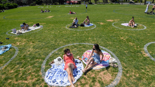 Social distancing circles in St Kilda on Friday.