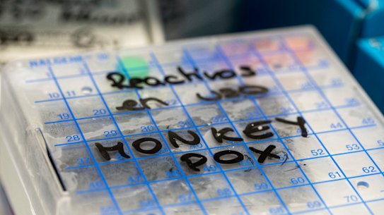 Monkeypox samples rest in a fridge at the microbiology laboratory of La Paz Hospital in Madrid, Spain, on June 6.