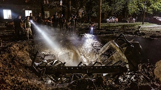 The scene of a Russian missile strike in Dnipro, Ukraine.