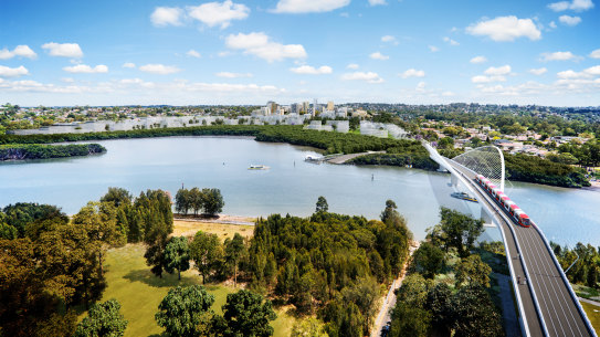An artist’s impression of the second stage of the light rail line over Parramatta River between Melrose Park and Wentworth Point.