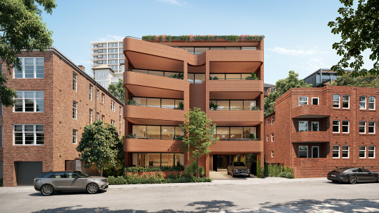 An artist impression of a proposal to replace what developer Fortis calls an “ageing residential block” in Elizabeth Bay with high-end apartments.