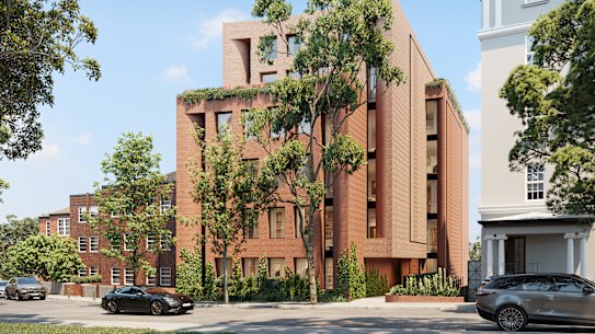 An artist impression of a proposal to replace an old residential building in Elizabeth Bay with high-end apartments.