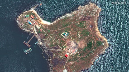A satellite image provided by Maxar Technologies shows an overview of Snake Island in the Blacks Sea, where an early battle in the invasion of Ukraine took place.