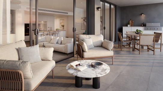 A render of the four bedroom apartment and its outdoor entertainment area and kitchen in the Glade block of the Sanctuary Development by Sekisui House developers at Wentworth Point.