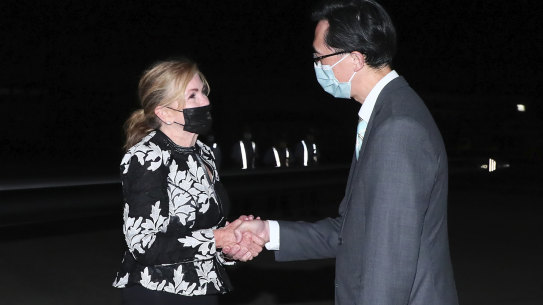 United States Senator Marsha Blackburn is greeted by Douglas Yu-Tien Hsu, Director-General, Taiwan’s department of North American Affairs, as she arrives on a plane in Taipei.
