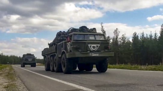 Russian military vehicles on a mission to Kharkiv on Friday.