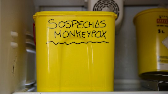 A bucket with suspected monkeypox sample at the microbiology laboratory of La Paz Hospital in Madrid, Spain, where there has been an outbreak.