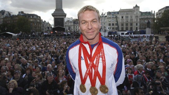 British gold medal winner cyclist Chris Hoy poses in Trafalgar Square in London, on Oct. 16, 2008.  Six-time Olympic champion Chris Hoy says he has been diagnosed with cancer and that he felt “forced” to reveal the news. (Steve Parsons/PA via AP)