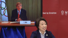 International Olympic Committee (IOC) President Thomas Bach and Tokyo 2020 Organizing Committee President Seiko Hashimoto at Saturday’s announcement that foreign spectators will not be allowed at the July games. 