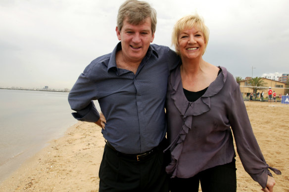 Kevin and Gail Donovan on the beach outside their St Kilda restaurant in 2004.