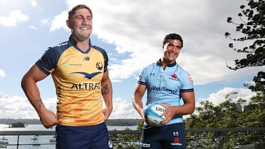 Zac Lomax of the Force (L) and Joseph-Aukuso Suaalii of the Waratahs (R) pose during a media opportunity at Murray Rose Pool.