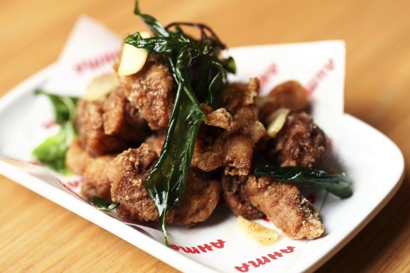 Ahma’s popcorn chicken with Thai basil and garlic. 