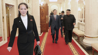 Kim Yo-jong, left, sister of the North Korean leader, walks ahead of South Korean President Moon Jae-in and Kim Jong-un. 