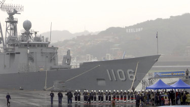 One of Taiwan’s guided-missile frigates at naval base in the northern port of Keelung, Taiwan in March.