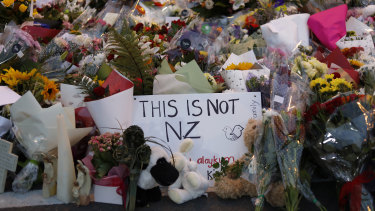 Flowers lay at a memorial near the Masjid Al Noor mosque in Christchurch. 