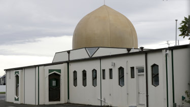 The outside of the Al Noor mosque which shows the door that volunteer Khaled Alnobani escaped through when a gunman burst into the mosque on March 15 in Christchurch, New Zealand. 