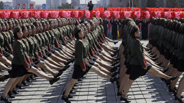 North Korean soldiers march past during a parade for the 70th anniversary of North Korea's founding day in Pyongyang, North Korea, on Sunday.
