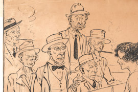 The Century of Society exhibition at the State Library of NSW, features this group portrait of members of the Australian Society of Black and White Artists, with then PM Billy Hughes in1924 by Cecil Hartt.