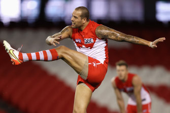 Lance Franklin boots a goal during the big win over the Suns on Saturday. 