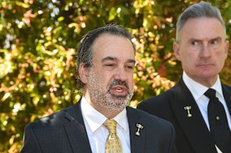 Sports minister Martin Pakula with VRC Chairman Neil Wilson at a media press conference.