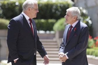 Scott Morrison and Channel Seven owner and Australian War Memorial chairman Kerry Stokes at a Remembrance Day ceremony. 