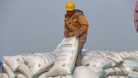 A worker in China's Jiangsu province unloads soy beans, one of hundreds of products to be slapped with tariffs.
