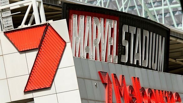 What’s in a name? Channel Seven’s office sits alongside the AFL and Marvel Stadium in Docklands. 
