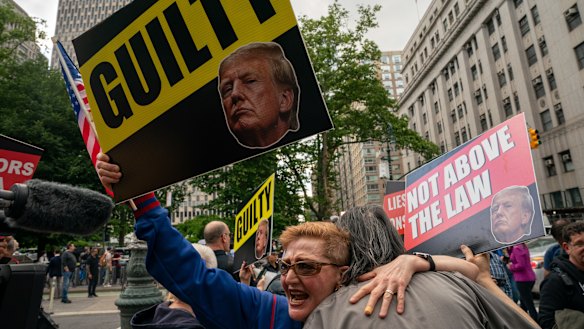 Anti-Trump demonstrators gather to celebrate Donald Trump’s conviction near Manhattan Criminal Court in New York City on May 30.