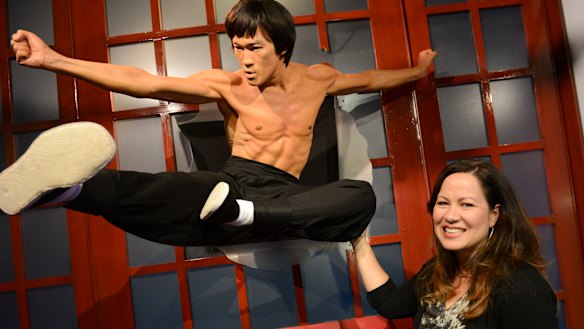 Shannon Lee with a waxwork depiction of her father, the iconic Bruce Lee.
