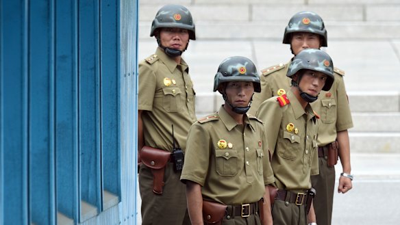 North Korean soldiers at the truce village of Panmunjom in the Demilitarized Zone.