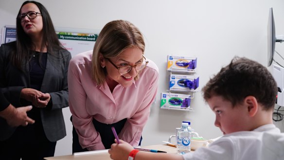 Victorian Premier Jacinta Allan chats with 10-year-old Lachlan Gutwirth at The Royal Children’s Hospital in Melbourne this morning.