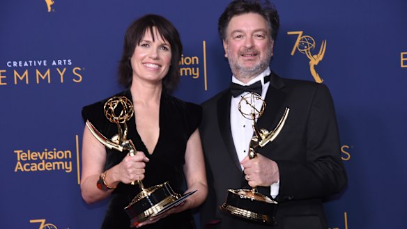 Deborah Riley (left) with Paul Ghirardani in 2018; both are nominated again for Game of Thrones.