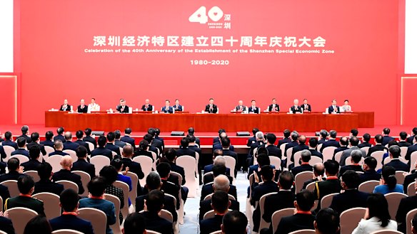 Chinese President Xi Jinping, centre, and other leaders at the 40th anniversary of the establishment of the Shenzhen Special Economic Zone. 
