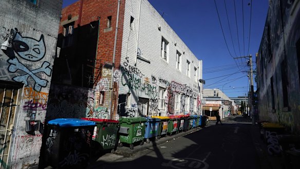 A view of The Fitzroy Beer Garden from Little Smith Street, with road encroachments blocking one of the laneways that forms part of the outdoor seating space. 