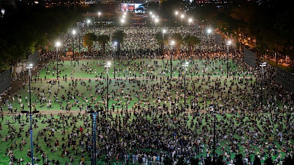 An aerial view of a vigil in Victoria Park, Hong Kong to mark the 31st anniversary of the Tiananmen Square Massacre.