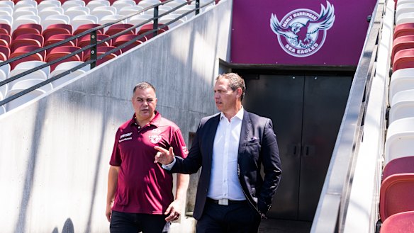 Sea Eagles coach Anthony Seibold and CEO Tony Mestrov.