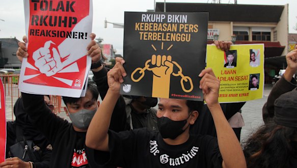 Protesters demonstrate against Indonesia’s new criminal law in Yogyakarta this week.